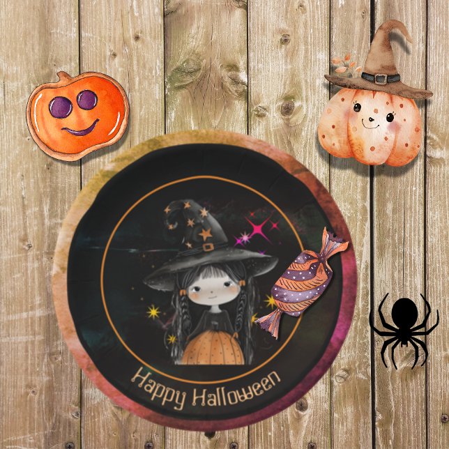 Prato De Papel Bruxinha dos Monstros do Halloween (Halloween Monsters Little Witch Paper Plates)