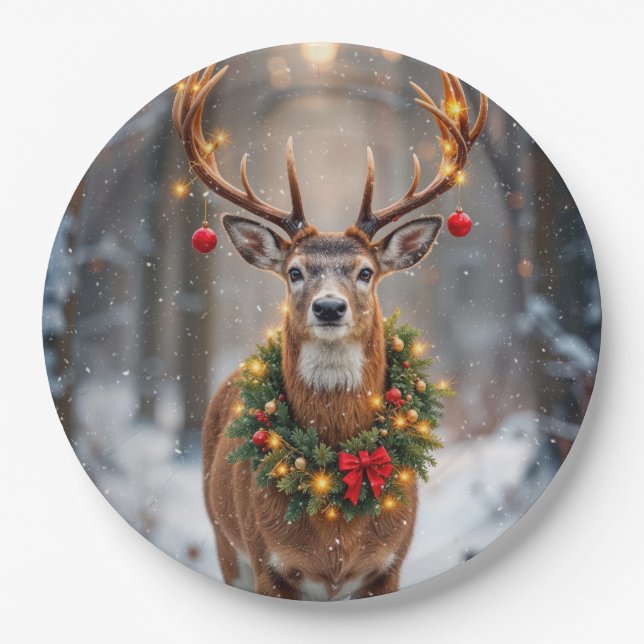 Prato De Papel Buck In Snowflakes Wearing a Holiday Wreath (Frente)
