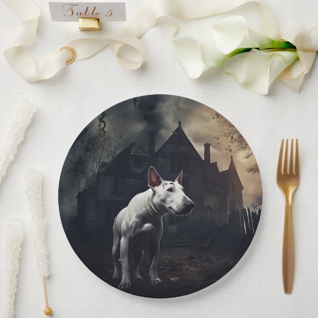 Prato De Papel Bull Terrier Halloween Assustador (Casamento)