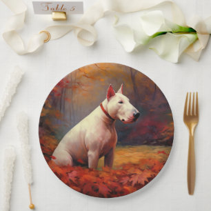 Prato De Papel Bull Terrier no outono deixa cair inspiração