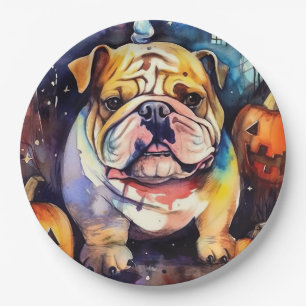 Prato De Papel Bulldog de Halloween com Abóboras Assustador
