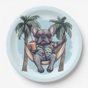 Prato De Papel Bulldog Francês com Roupa Havaiana