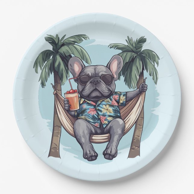 Prato De Papel Bulldog Francês com Roupa Havaiana (Frente)