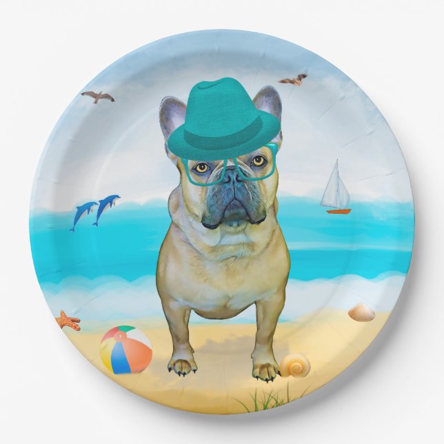 Prato De Papel Bulldog francês na praia (Frente)
