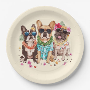Prato De Papel Bulldogs Franceses Havaianos com Flor Lei