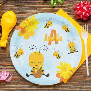 Prato De Papel Bumble Bee Feliz com Flores Pequenas Crianças