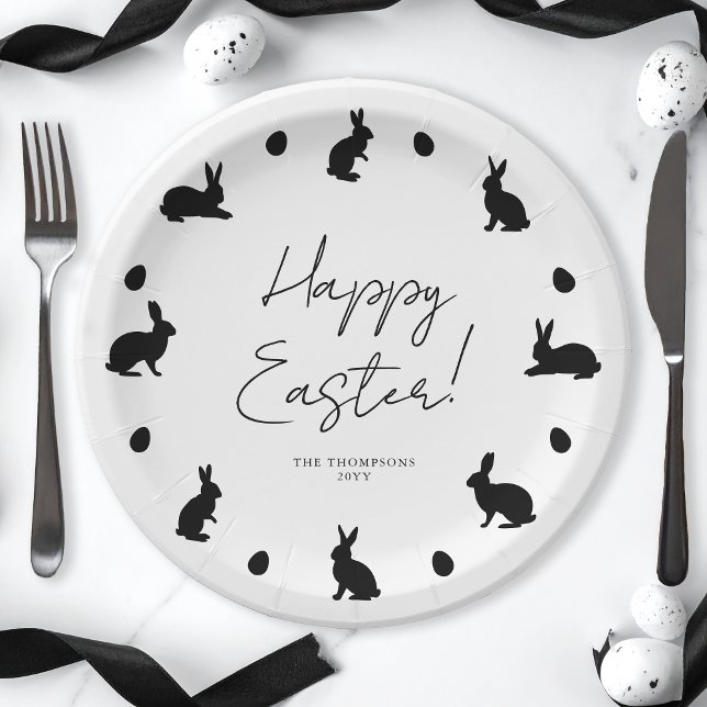 Prato De Papel Bunnies And Eggs In Black Modern Happy Easter (Criador carregado)