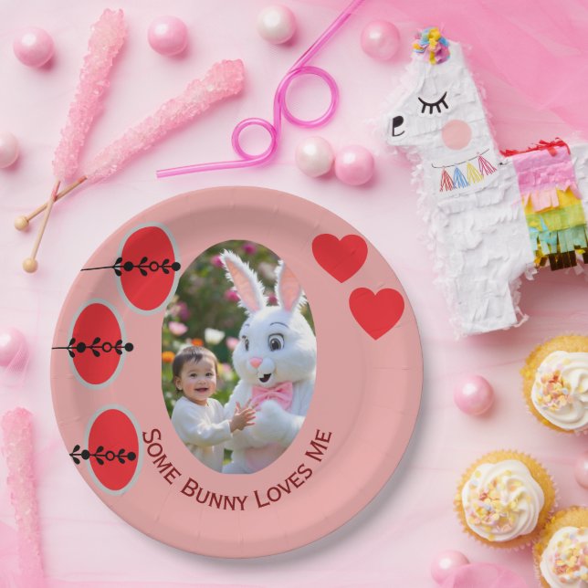 Prato De Papel Bunny and Child photo in Oval Frame &Hearts Easter (Festa)