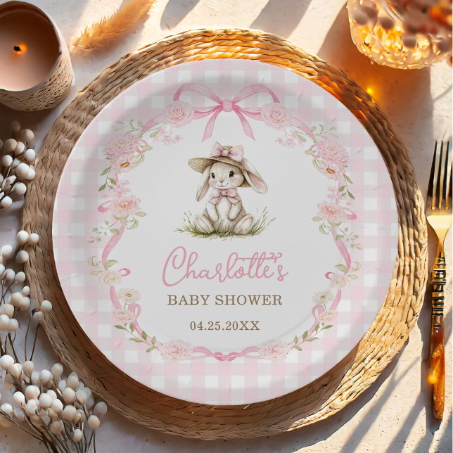 Prato De Papel Bunny Pink Bow Gingham Baby Shower (Criador carregado)