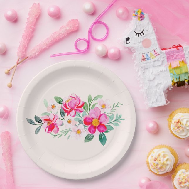 Prato De Papel Buquê Bonito com ventilador rosa reproduzível (Festa)