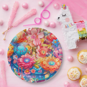 Prato De Papel Buquê da Flor em Laranja Rosa e Boho Azul