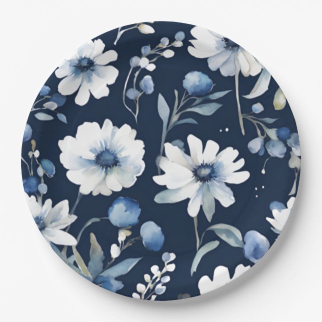 Prato De Papel Buquê de Flores Elegante Aquarela Azul (Frente)