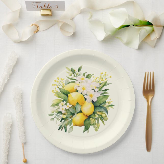 Prato De Papel Buquê de Limão com Flores Brancas (Casamento)