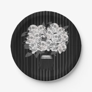 Prato De Papel Buquê de Rosas Caveira Festa Preto e Branco