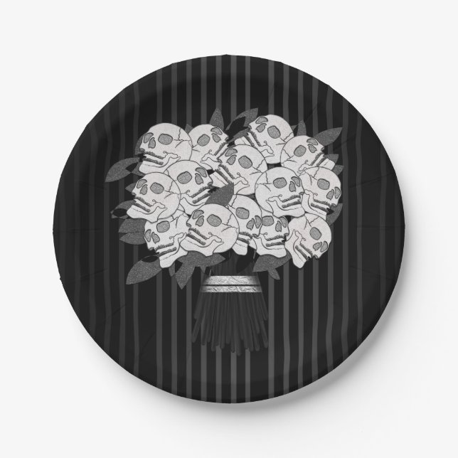 Prato De Papel Buquê de Rosas Caveira Festa Preto e Branco (Frente)