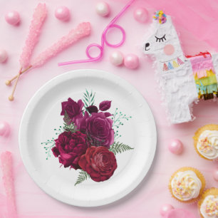 Prato De Papel Buquê Floral Elegante Magenta Rosa