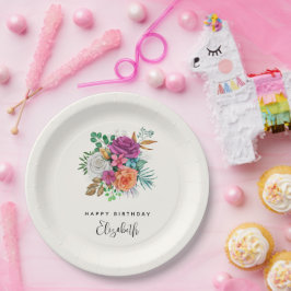 Prato De Papel Buquê Floral Rosa, Laranja e Rosas Brancas