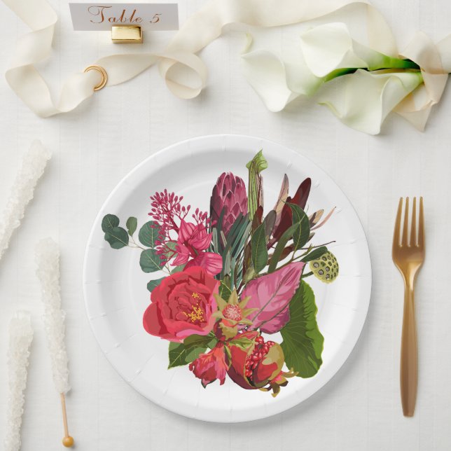 Prato De Papel Buquê tropical com flores rosadas (Casamento)
