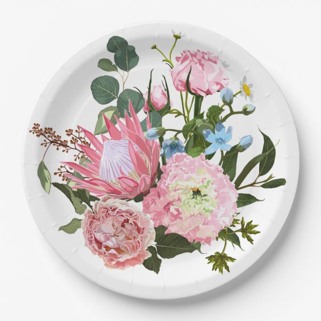 Prato De Papel Buquê tropical com flores rosadas (Frente)