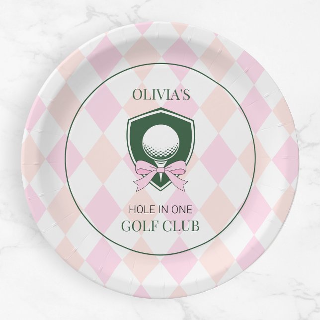 Prato De Papel Buraco de Golfe Rosa em Um primeiro aniversario Es (Pink Golf Hole in One Girl Sports 1st Birthday Paper Plates)