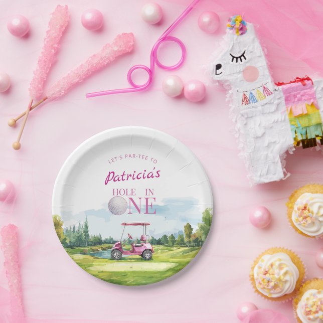 Prato De Papel Buraco Em Um Rosa Golfe 1º Aniversário  (Festa)