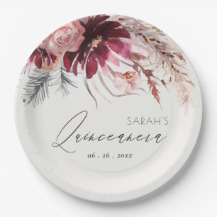 Prato De Papel Burgundy Blush Floral Pampas Grass Quinceanera