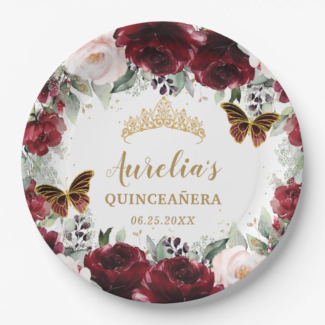 Prato De Papel Burgundy Blush Floral Quinceañera Tiara Princess (Frente)