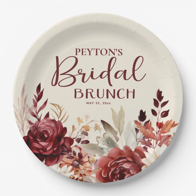 Prato De Papel Burgundy Cream Floral Bridal Brunch (Frente)