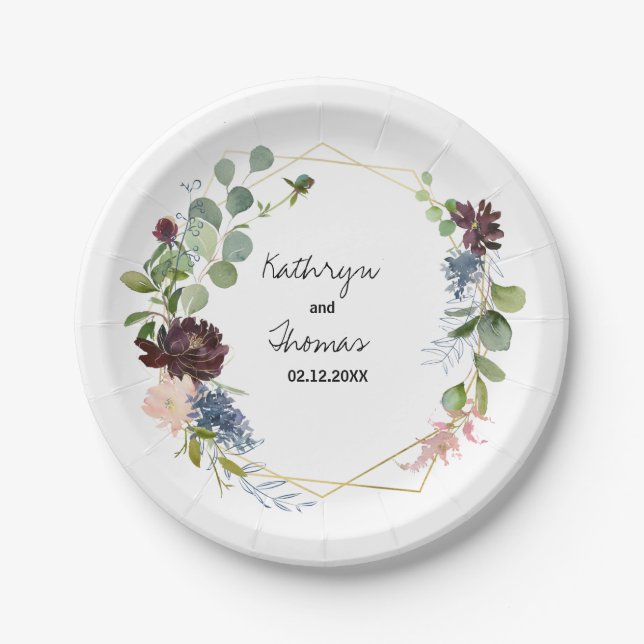 Prato De Papel Burgundy Floral e Greenery Wedding (Frente)