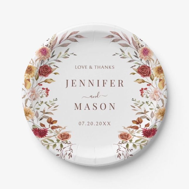 Prato De Papel Burgundy Flower Wreath Casamento outono em Sangue (Frente)