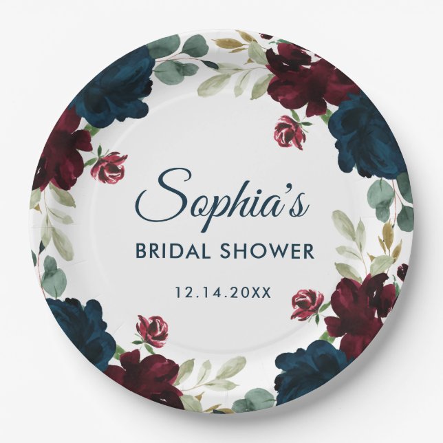 Prato De Papel Burgundy & Navy Blue Flowers Rustic Bridal Shower (Frente)