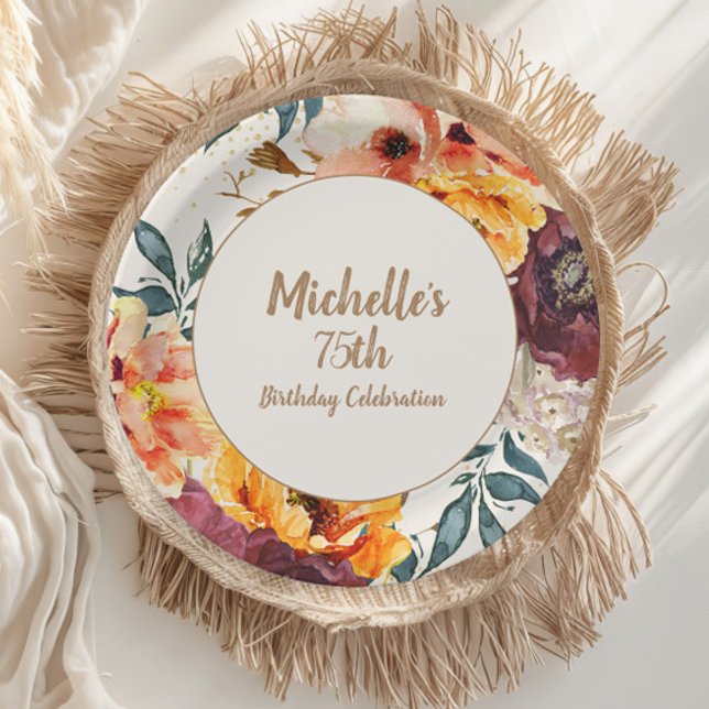 Prato De Papel Burgundy Orange Floral Dourada Glitter 75º Anivers (Orange and burgundy watercolor floral 75th birthday party paper plates)