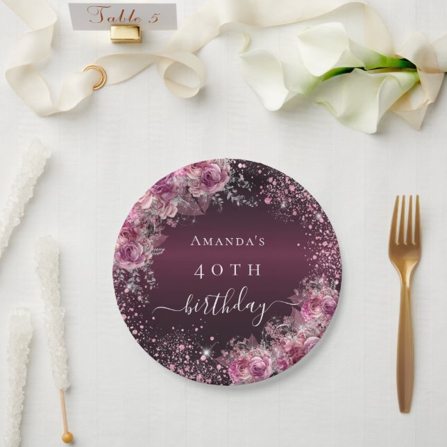 Prato De Papel Burgundy pink nome floral elegante aniversário (Casamento)