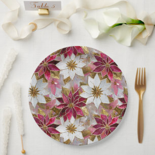 Prato De Papel Burgundy Pink White Gold Poinsettias de Natal