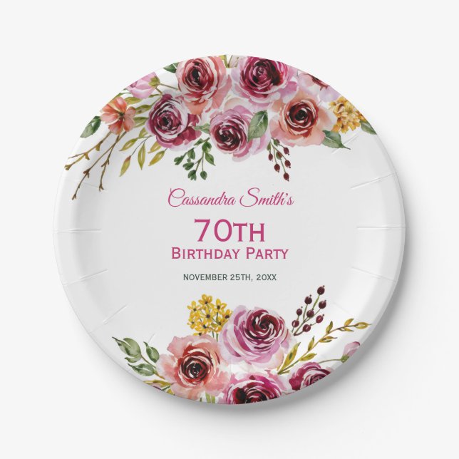 Prato De Papel Burgundy Purple Rosa Rustic Floral Birday (Frente)