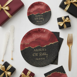 Prato De Papel Burgundy Red Gold Glitter Abstract Watercolor