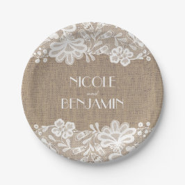 Prato De Papel Burlap e Lace Floral Elegant Wedding
