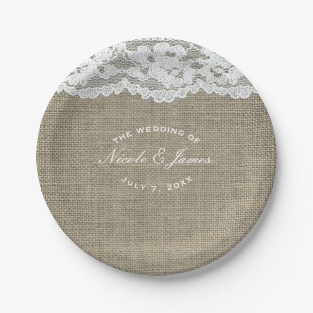Prato De Papel Burlap & Lace Simples Casamento Elegante Russo Per (Frente)