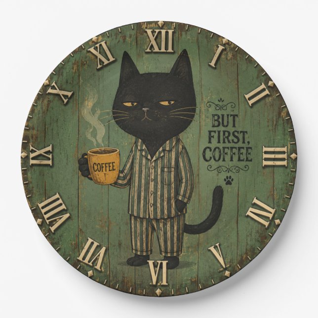Prato De Papel But First Coffee Black Cat (Frente)