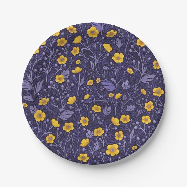 Prato De Papel Buttercups, amarelo e violeta (Frente)