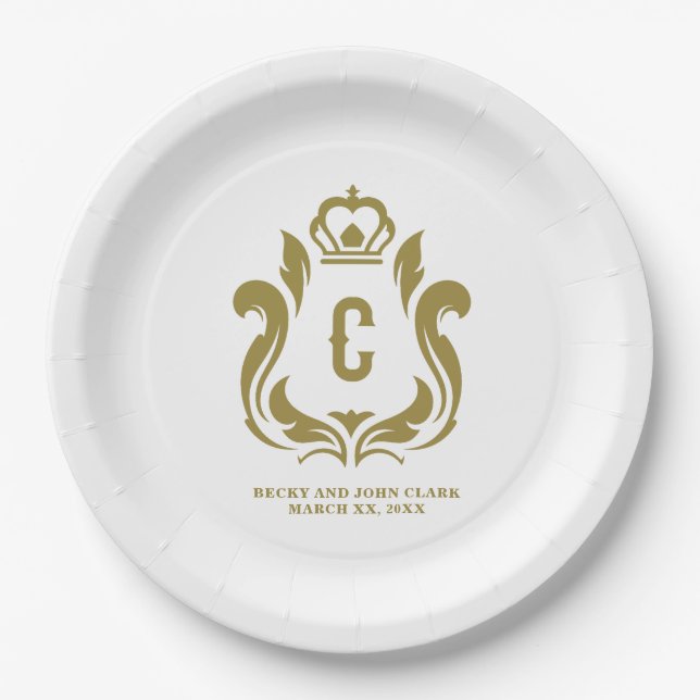 Prato De Papel C Inicial Crest Dourado Monogramado (Frente)
