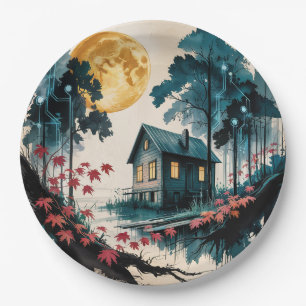 Prato De Papel Cabana ao Luar Floresta Japonesa Arte (1)