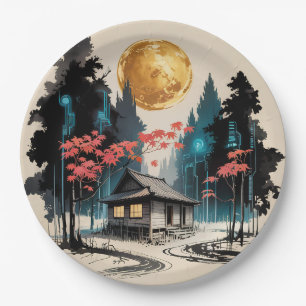 Prato De Papel Cabana ao Luar Floresta Japonesa Arte (9)