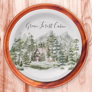 Prato De Papel Cabana em Aquarela na Floresta Verde de Pinheiros 
