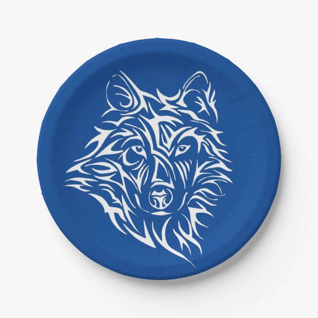 Prato De Papel Cabeça de Lobo Branco em Azul (Frente)