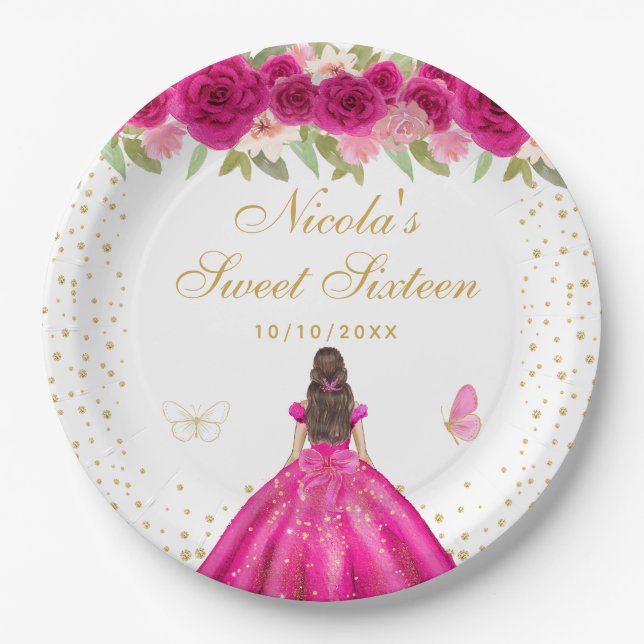 Prato De Papel Cabelo Castanho Rosa Vibrante Princesa Doce Dezess (Frente)