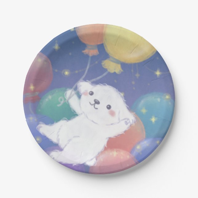 Prato De Papel Cachorrinho Fofo com Balões & Estrelas (Frente)