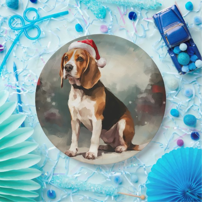 Prato De Papel Cachorro Beagle na Neve Natal (Festa)