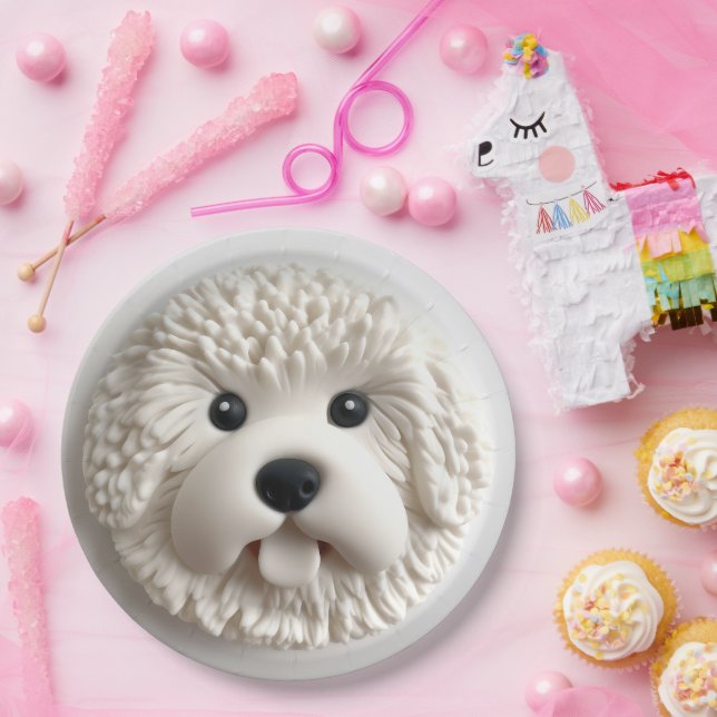 Prato De Papel Cachorro Bichon Frise Inspirado em 3D (Festa)