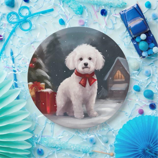 Prato De Papel Cachorro Bichon Frise na Neve Natal  (Festa)